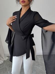 Elenzga 优雅通勤法式不对称袖设计腰部包裹雪纺黑色衬衫 - 黑色 - 查看 4