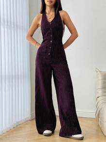 SHEIN Unity Women's Button Front Halter Neck Striped Casual Jumpsuit Fall Cloth For Women - Multicolor - View 5