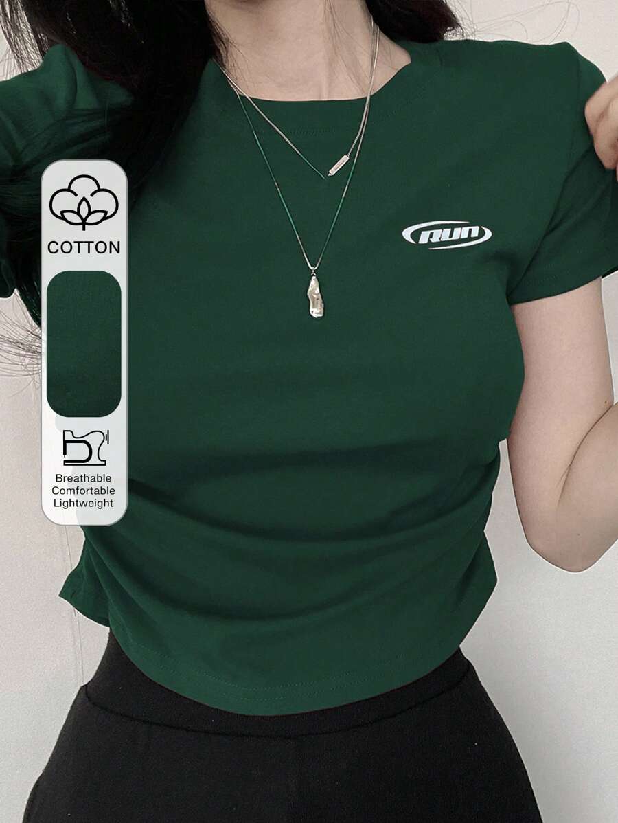 DAZY Camiseta de mujer de unicolor con estampado, cuello redondo y diseño de pliegues en la cintura, top corto para mujer en verano, Pascua - Verde - Ver 1