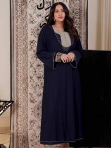Al Najma Women's Spring & Summer Embroidered 2 Pieces Sheer Turkish & Arabic Style Maxi Dress Set, Modest Kaftan - Navy Blue - View 3