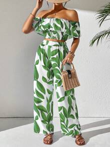 Breezaya 2pcs/Set Women Holiday Plant Print Ruffles Off Shoulder Top And Pants - Green - View 3