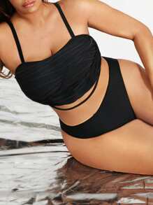 SHEIN Swim SXY Plus Size Women Summer Beach Solid Color Ruffle Casual Tankini Swimwear Set