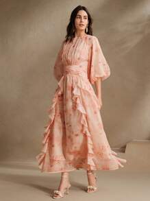 Anewsta Elegant Ruffle Cinched Waist A-Line Pink Floral Print Lantern Sleeve Satin Chiffon Dress For Women, Spring/Easter