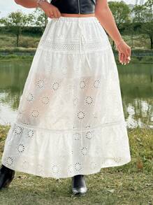 Flirla Saia Branca de Cintura Alta Solta Estilo A-Line com Barra Franjas, Bordados, Retalhos e Renda, Inspirada em Festival, Boho, Hippie, Cowgirl, Velhos Ricos, Praia, para Mulheres Plus Size