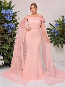 SHEIN Belle Plus Size Elegant Minimalist Pink Flounce Off Shoulder Neck Floral Embellished Long Flared Hem Bridesmaid Dress