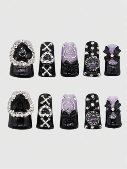Anime 10 piezas de uñas postizas de alta calidad con decoración de lazo y corazón en estilo gótico + 3 piezas de adhesivo doble cara, pegatinas decorativas de uñas con brillo y cristales de estilo Y2K, adecuadas para festivales, fiestas, baile y uso diario, Halloween