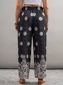 SHEIN LUNE Pantalones anchos con bolsillos y cintura con nudo con estampado floral para mujer de talla grande, conjunto para vacaciones