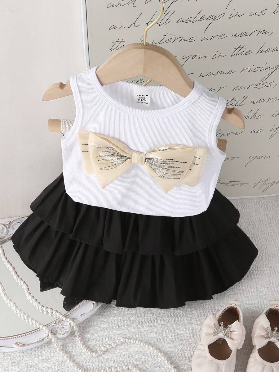 2pcs Baby Girl Summer New Design White Comfortable Vest With 3D Bow + Black Double-Layer Pleated Skirt Princess Skirt Outfit Set