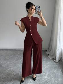 Siren Gaze 2 Pieces Autumn New Fashion Suit Set: Asymmetric Metal Button Decorated Long Vest Jacket And Wide Leg Trousers, Casual Business Wear Suit Office Wear Women Set Christmas Red Burgundy Valentine's Day - Burgundy - View 6