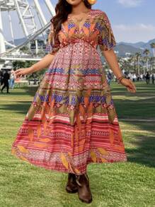 SHEIN VCAY Vestido casual de vacaciones con estampado vintage de talla grande