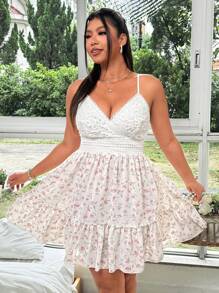 Flirla 大码女式蕾丝拼布和碎花浪漫优雅及膝度假吊带裙 - 彩色 - 查看 6