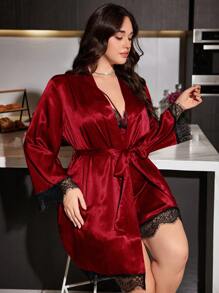 SilkySpell Plus Size Faux Silk & Lace Patchwork Deep V-Neck Sexy Slip Dress And Robe Set , Cozy And Elegant Details, Clothes, Fall & Winter - Burgundy - View 3