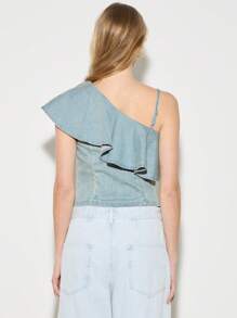 AiiRZ Boho One Shoulder Ruffle Denim Top - Blue - View 2