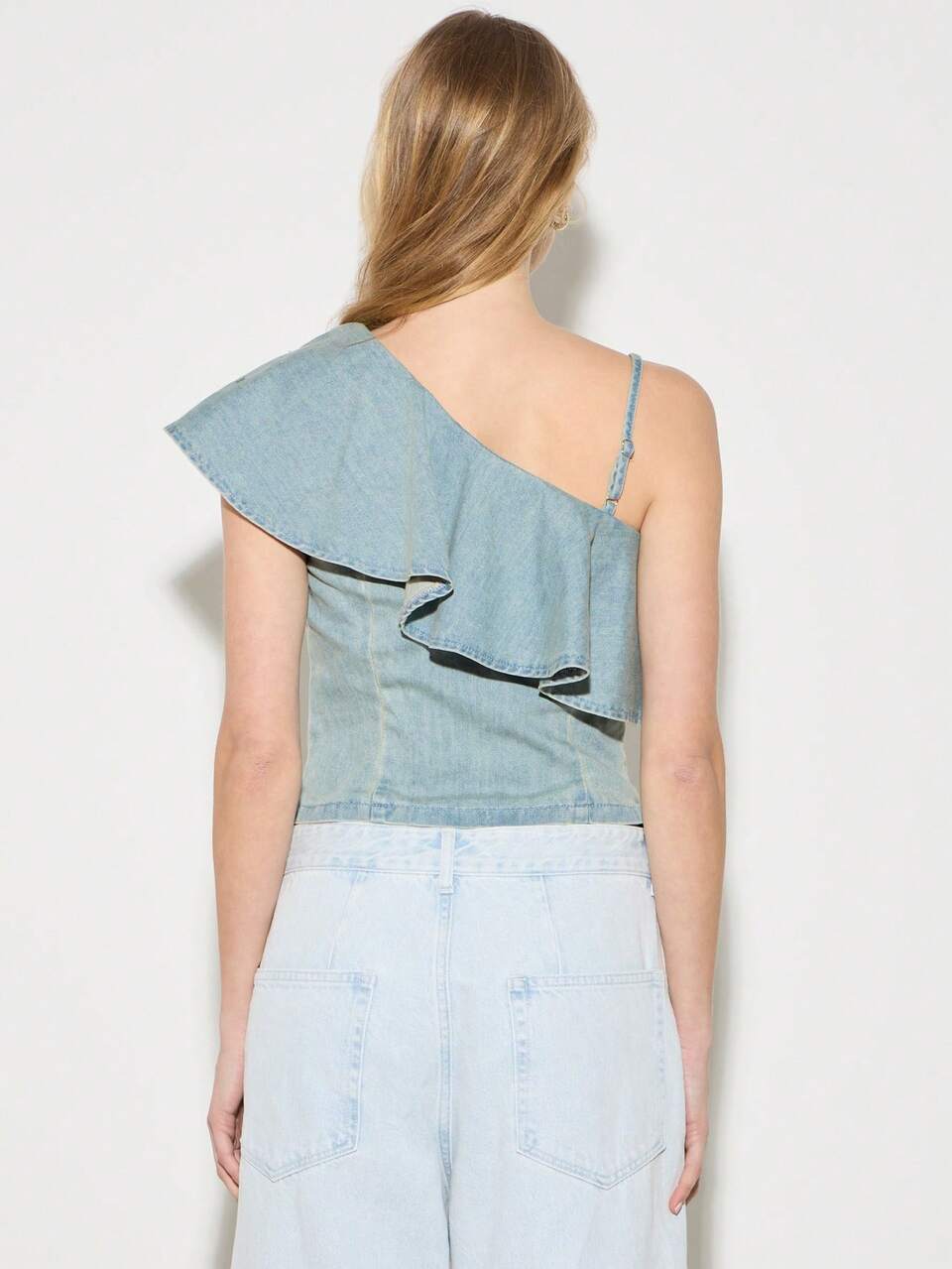 AiiRZ Boho One Shoulder Ruffle Denim Top