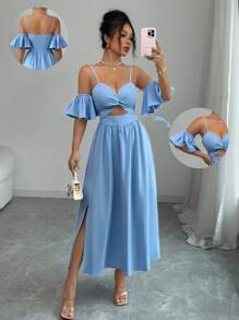 Calvaya Fashionable All-Match Sleeveless Twist Hollow Waist Ruffle Hem Slit Dress For Women