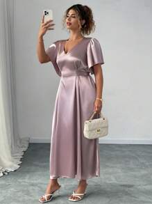 Elenzga Plus Size Women V-Neck Ruffle Sleeve Satin Reversible Dress - Champagne - View 5