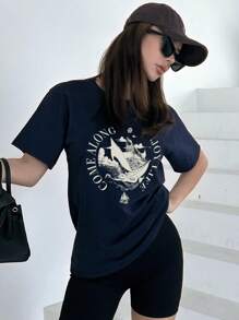 DAZY Women's Sailor Boat Letter Printed T-Shirt Summer Preppy Tops