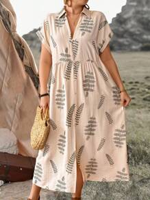 Ceyna Plus Size Boho Spring/Summer Vacation Casual Office Embroidered Shirt Collar Dropped Shoulder Long Dress With Button Decor - Apricot - View 5