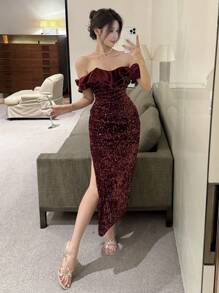 DAZY 女士褶皱露肩亮片褶裥修身优雅中长连衣裙，秋冬/新年派对女士吊带裙返校节礼服奢华红色女士连衣裙舞会礼服圣诞节嘉年华