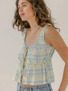 Aralina Summer Vacation Gingham Check Tie Up Cute Summer Vacation Top - Baby Blue - View 7