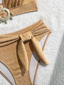 Swim Vcay Springbreak Solid Color Halter Bow Bra & Triangle Panty Bikini Set For Summer Beach Vacation - Brown - View 6