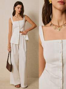 Poéselle Women's Two-Piece White Two-Piece Button-Down Top And Wide-Leg Pants 2pcs Women Elegant Commuter Solid Color Front Button Camisole & Wide Leg Pants Set Linen Vest Set Women Two Piece Sets Beach Women Outfits Summer Women Outfit Women Clothes Workout Women Sets Summer Clothes Summer Women Clothes Women Suits White Women Outfits Office Women Outfits Summer Sets Women Linen Pants Western Wear Women Festival Boho Hippie Old Money Bohemian - White - View 1