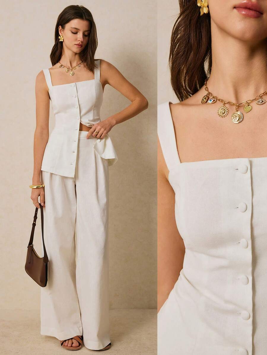 Poéselle Women's Two-Piece White Two-Piece Button-Down Top And Wide-Leg Pants 2pcs Women Elegant Commuter Solid Color Front Button Camisole & Wide Leg Pants Set Linen Vest Set Women Two Piece Sets Beach Women Outfits Summer Women Outfit Women Clothes Workout Women Sets Summer Clothes Summer Women Clothes Women Suits White Women Outfits Office Women Outfits Summer Sets Women Linen Pants Western Wear Women Festival Boho Hippie Old Money Bohemian - White - View 1