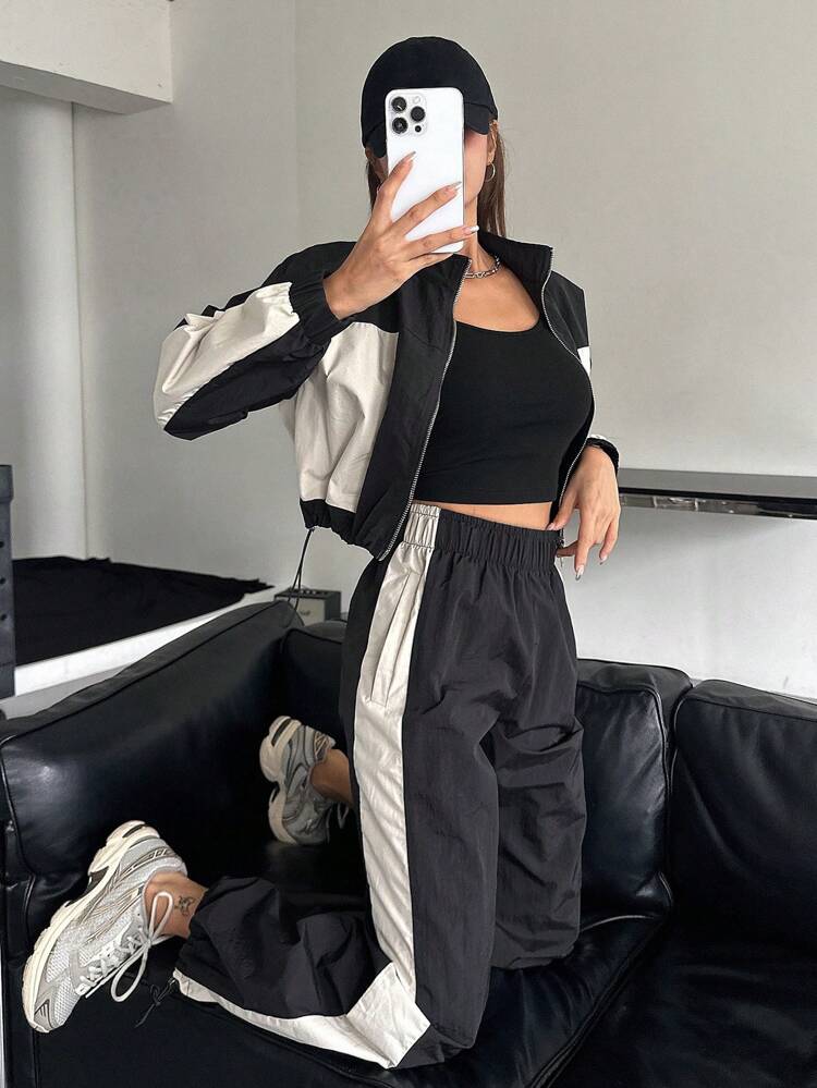 2pcs Women Contrast Color Block Long Sleeve Drawstring Front Zip Jacket And Pants Suit,Fall Clothes Lounge Sets For Women