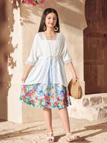 SHEIN Tween Girls Plain Woven White Drawstring Relaxed Kimono Top, Vacation Bohemian Music Festival Style