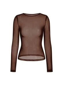 INAWLY Blusa feminina de Tule Transparente de Manga Longa, Gola Redonda, Cor Sólida, Sexy