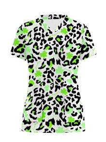 PopScrub St. Patrick's Day Shamrock "Good Luck" Women Healthcare Scrub Uniform Top - Multicolor - View 5