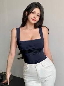 DAZY Top casual ajustado con cuello cuadrado y plisado para mujer - Azul Marino - Ver 8