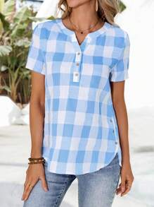 SHEIN LUNE Blusa casual de mujer con cuello con muesca a cuadros para vacaciones - Azul y blanco - Ver 4