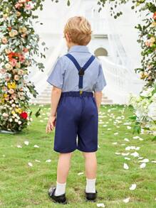 SHEIN 男小童領結條紋襯衫和背帶短褲