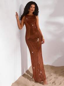 Opulessa Modisches, sexy, funkelndes Kleid mit hohem Schlitz und freiem Rücken für Frauen - Braun - Übersicht 3