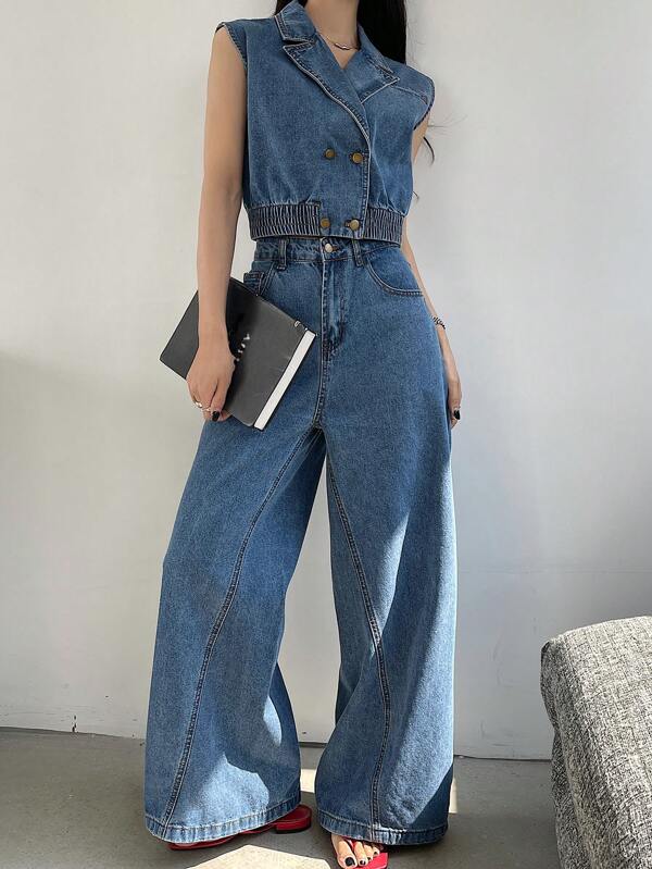DAZY 1 Set de chaleco corto de mujer de vaquero lavado y pantalón de pierna ancha