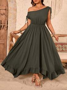 SHEIN LUNE 大码女式肩部泡泡袖收腰荷叶边下摆纯色 A 字形连衣裙，春夏