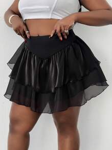 Maweii Falda corta de mujer talla grande de unicolor con parches de malla y volantes en el bajo