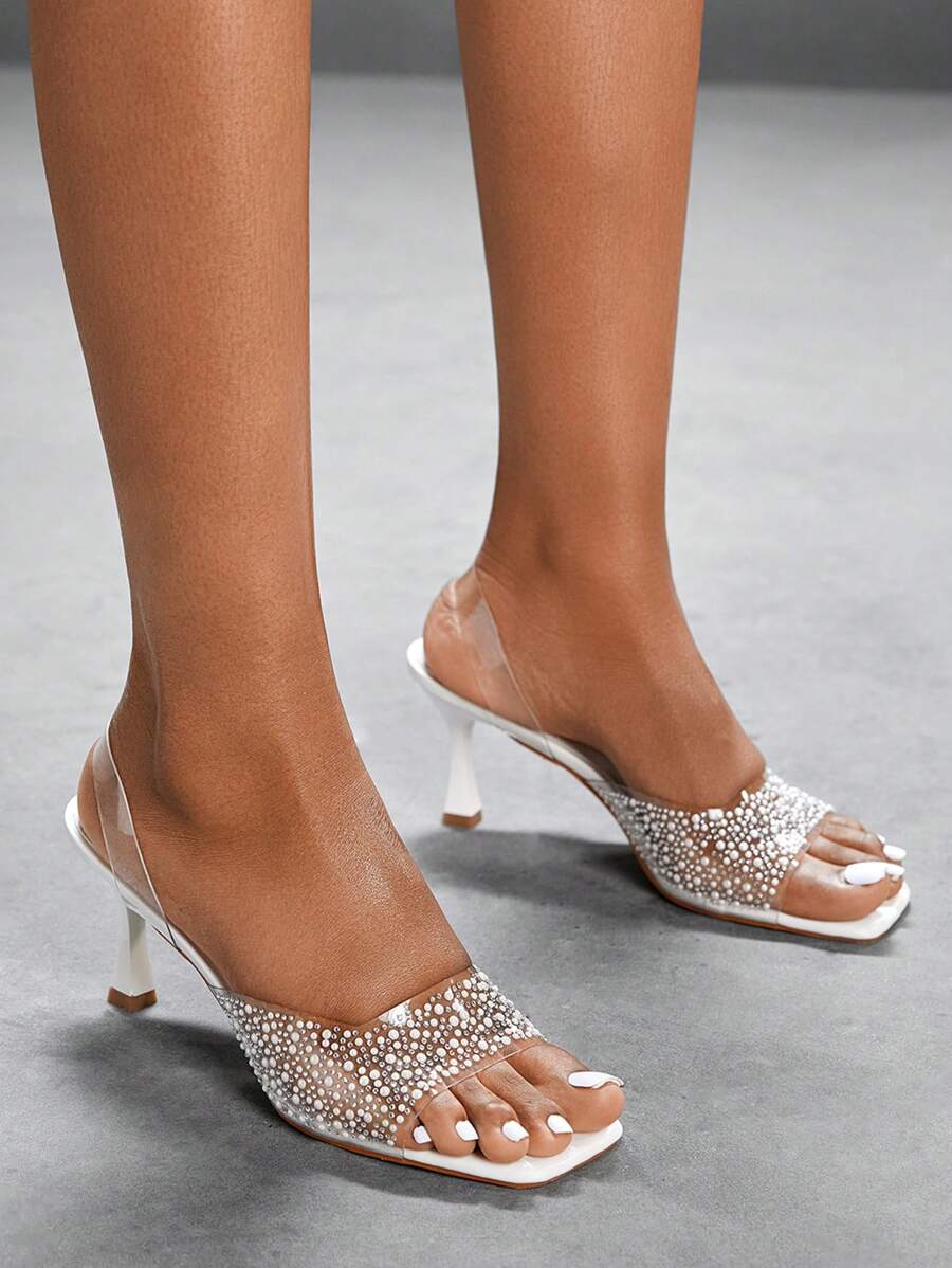 CUCCOO SZL Women's Square Toe Transparent PVC Pearl Rhinestone Stilettos High Heel Slide Sandals - White - View 1