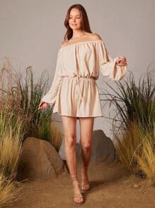 WESTFADE Boucle Dot Chiffon Off Shoulder Long Sleeve Crop Top & High Rise Smocked Waist Drawstring Relaxed Fit Shorts Women Two Pieces Set