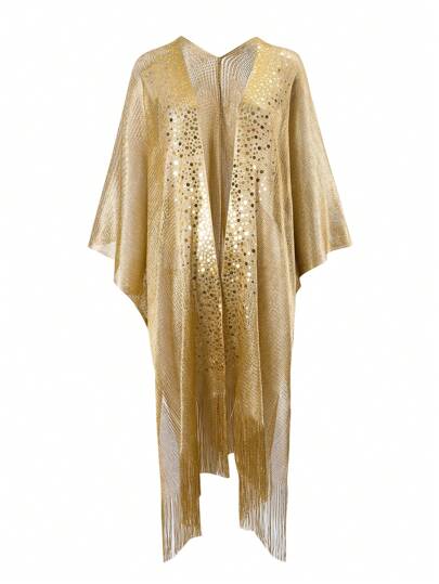 Sirith Áo khoác cardigan kimono tua rua tay loe đính sequin vàng mới, áo choàng đi biển cho kỳ nghỉ hè của phụ nữ, trang phục lễ hội Boho