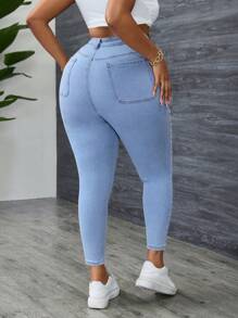 Slaydiva Plus Size Washed High Waist Slim-Fit Jeans - Baby Blue - View 2