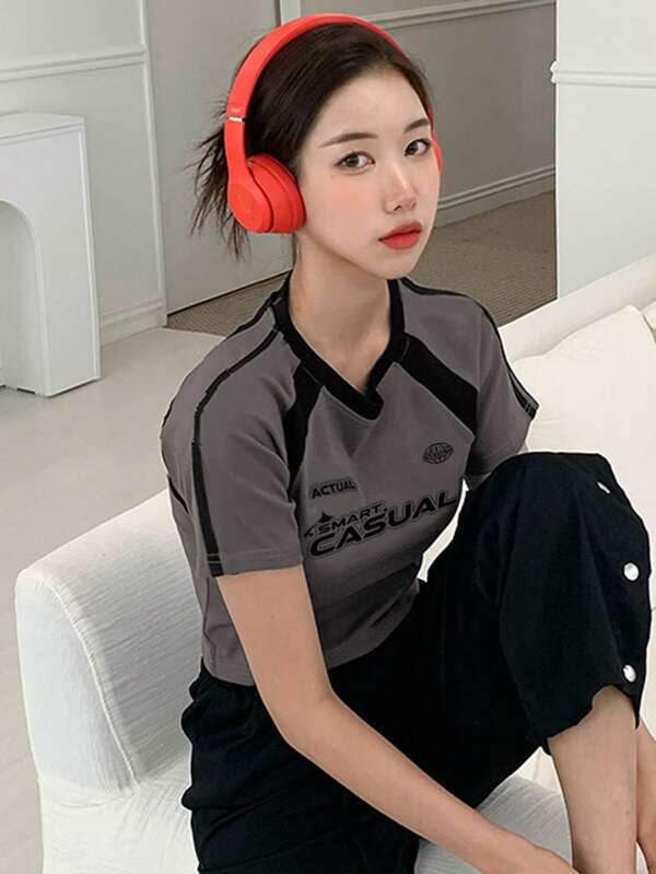 DAZY Women's Short Cropped T-Shirt With Colorblock And Letter Print Jersey Summer,Graphic Tees