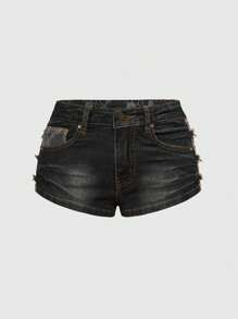 ROMWE J-Fashion Y2K Harajuku Gyaru Y2K Dantela Patchwork cu talie joasa incrucisata Retro Skinny cu talie super joasa femei pantaloni scurți din denim