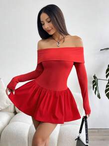 SHEIN EZwear Vestido corto rojo con hombros descubiertos y drapeado - Rojo - Ver 5