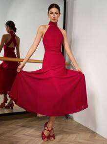 Mulvari Elegant Solid Color Backless Halter Neck Dress, Comfortable Dance Wear Latin Dancewear  Ballet Tutus Ballroom Dance Dresses/Skirts Dancewear/Dance Costumes/Dance Dresses/Dance Skirts