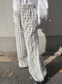 FRIFUL Women's Plaid Mesh Panel Ruffle Hem Decorative Ankle Length Pants Fall