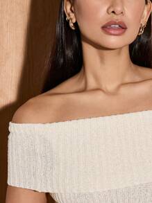 AiiRZ Conjunto de ropa de estar en casa de dos piezas de punto esponjoso con hombros descubiertos, pantalones acanalados de pierna ancha de cintura alta y coordinado cálido para la temporada festiva