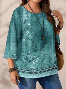 EMERY ROSE 大码女式休闲全印花圆领宽松 3/4 袖衬衫，秋冬款