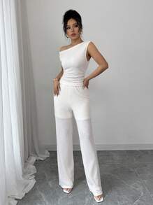 Elenzga Set de 2 piezas de top y pantalones casuales de mujer de unicolor y cuello asimétrico